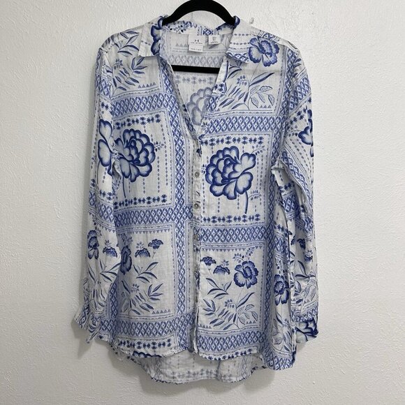 H by Halston 100% Linen Tunic Shirt Blouse Bright White Blue Artsy Floral Sz L - Picture 4 of 11
